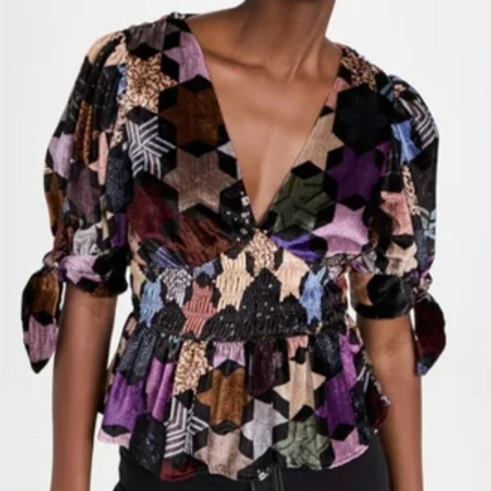 Sea New York Estella Velvet Smocked V-neck Blouse Top Whimsigoth Womens Size XL